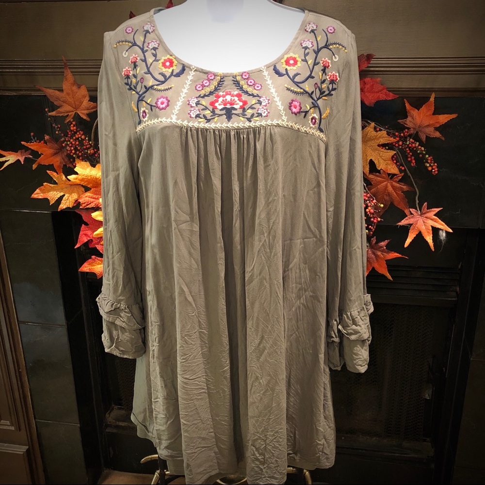 Embroidered Moss Green Tunic Dress Ruffle Sleeve